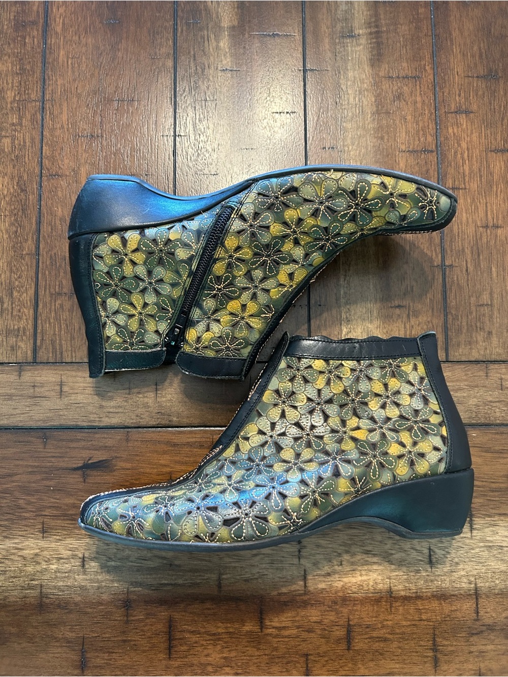 Pikolinos Floral Leather Ankle Booties Green Comfort Shoes EU 38